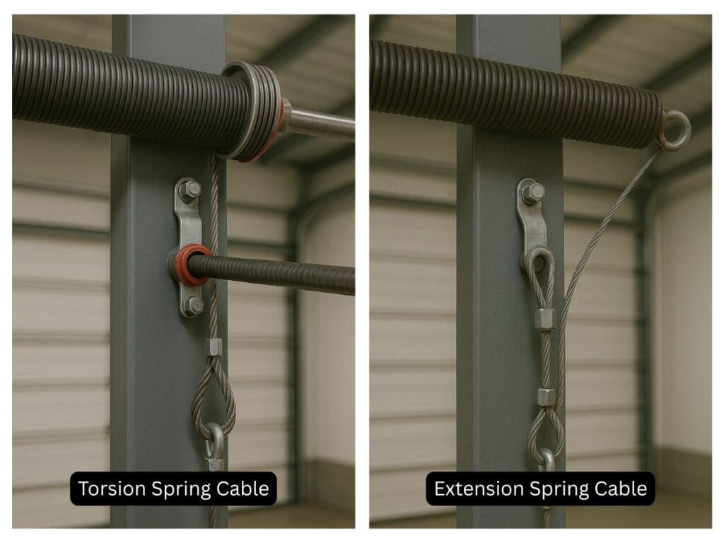Garage Door Cable Replacement for Modern Garage Systems 3 Side-by-side comparison of torsion spring cable and extension spring cable setups used in garage door cable replacement systems.