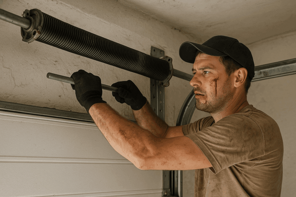 How to Handle Emergency Garage Door Repairs in Houston, TX 4 Injured man attempting dangerous spring work showing risks of DIY garage door repairs.