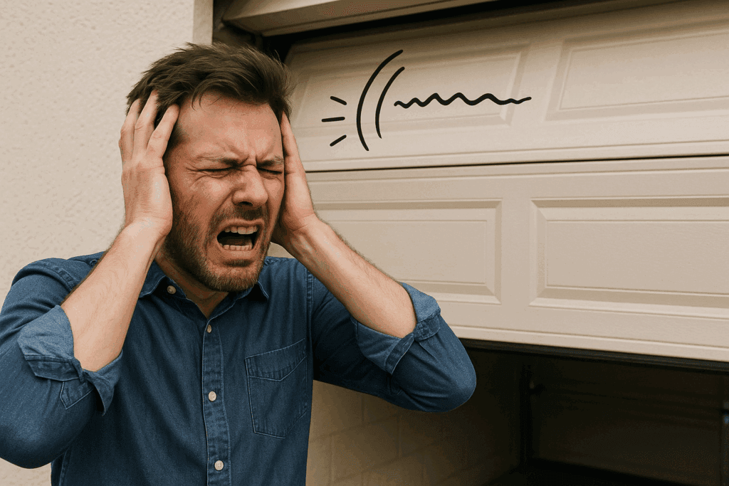 How to Handle Emergency Garage Door Repairs in Houston, TX 3 Frustrated man covering ears from loud door noise needing garage door repairs.