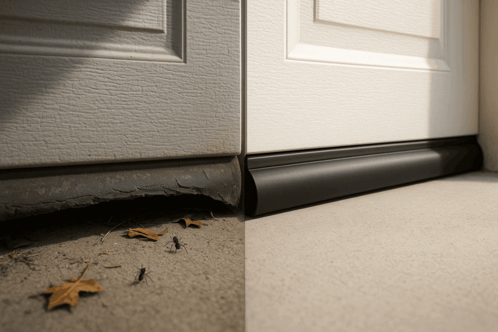Professional Garage Door Weather Stripping Services in Houston 3 Comparison of damaged and new garage door weather stripping showing how proper seals block pests and drafts.