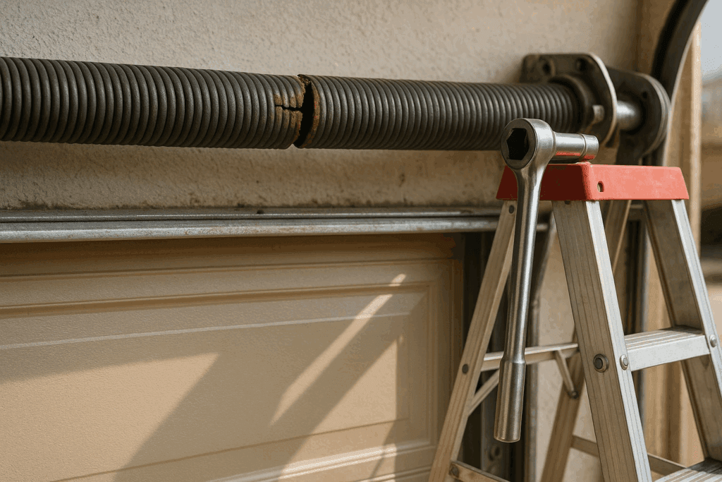 Emergency Services: When You Need Experts to Repair Garage Door in Houston 3 Close-up of a broken torsion spring above a garage door, showing urgent need to repair garage door.
