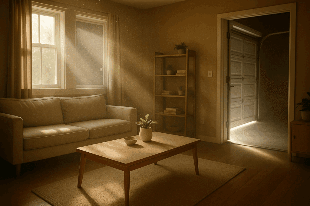 Emergency Services: When You Need Experts to Repair Garage Door in Houston 2 Dust and sunlight filtering into living room through poorly sealed garage door, highlighting the need to repair garage door for better insulation.
