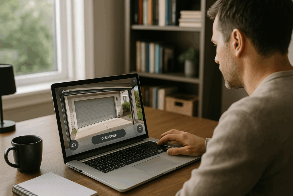Man monitoring modern garage doors remotely on laptop with smart security system.