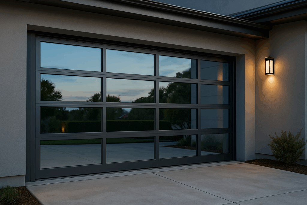 Glass panel modern garage doors with sleek frame and exterior lighting.