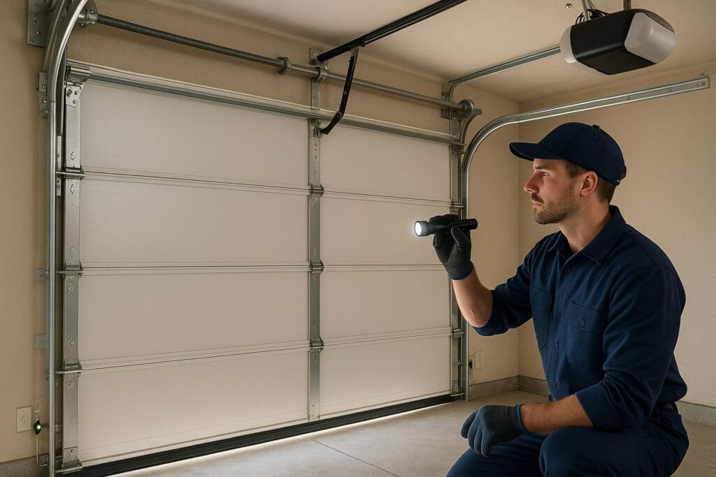 Reliable Garage Door Maintenance in Houston, TX: Keep Your Garage Doors Safe 3 Professional garage door technician inspecting the bottom seal and track alignment using a flashlight to ensure smooth operation and proper closure.