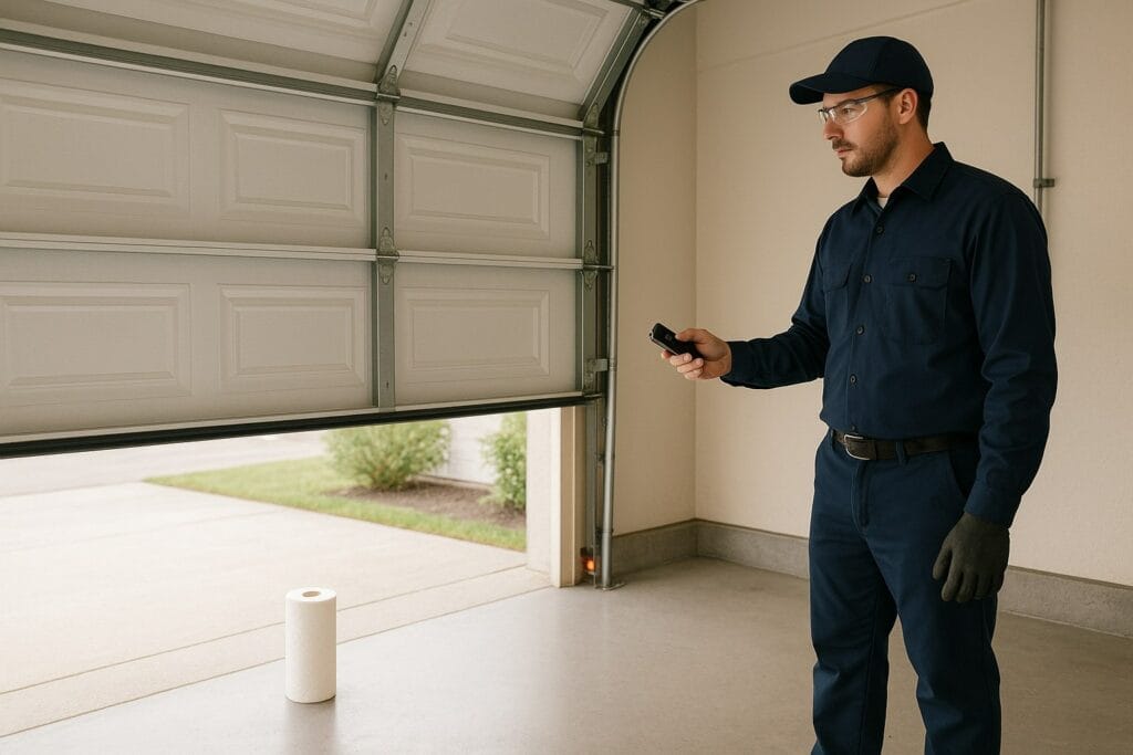 Reliable Garage Door Maintenance in Houston, TX: Keep Your Garage Doors Safe 4 Garage Door Maintenance technician testing the safety sensor alignment using a remote control to ensure proper door operation.