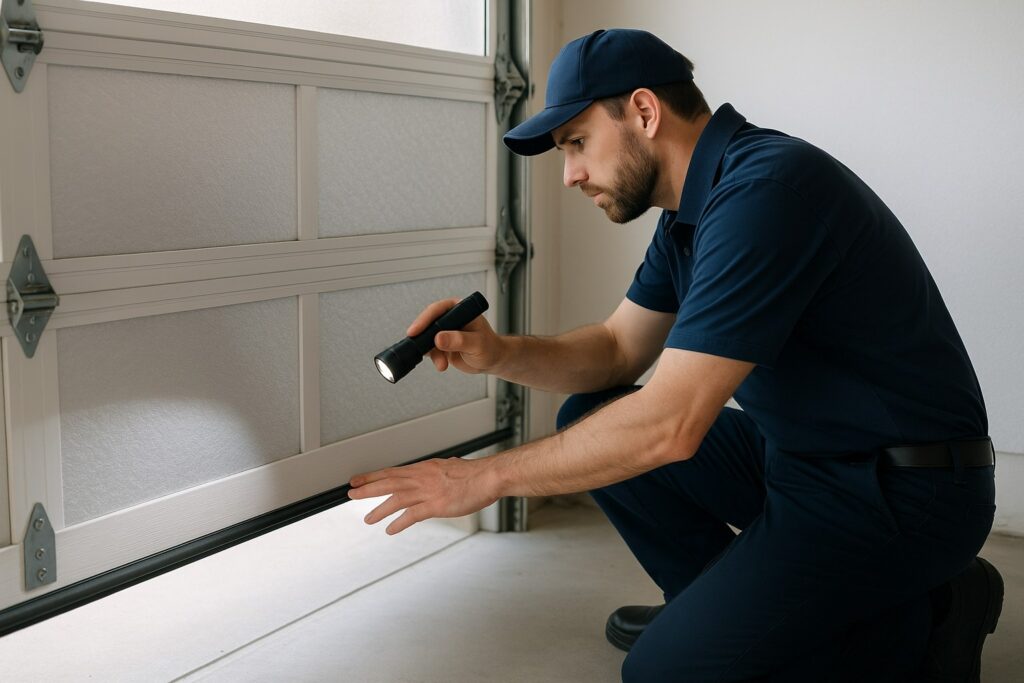 A Homeowner’s Guide to Garage Door Tune-Ups in Houston, TX 4 Technician performing a garage door tune-up, inspecting the bottom seal for proper alignment and weather protection.