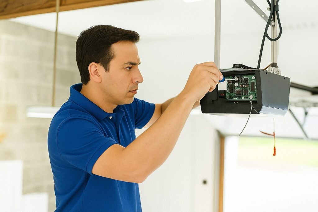 A Homeowner’s Guide to Garage Door Tune-Ups in Houston, TX 3 Technician performing a garage door tune-up, adjusting the opener motor and inspecting internal wiring for optimal performance.