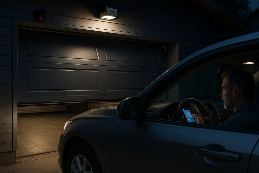 A Homeowner's Guide to Automatic Garage Doors in Houston, TX 3 A driver uses a smartphone app to open automatic garage doors at night as exterior security lights illuminate the entrance.
