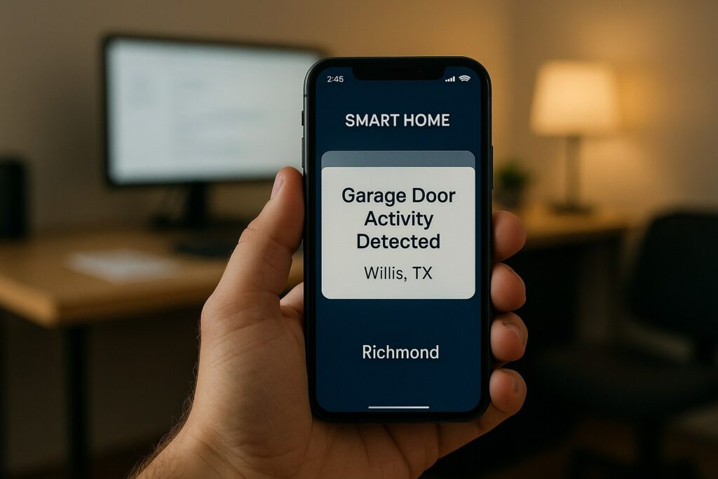 A Homeowner's Guide to Automatic Garage Doors in Houston, TX 4 A smartphone displays a smart home alert notifying the user of garage door activity detected in Willis, Texas.