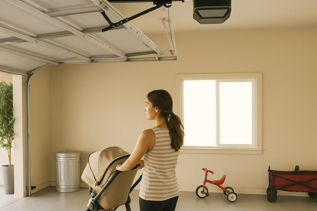A Homeowner’s Guide to Garage Door Opener Repair in Houston, TX 3 homeowner with her baby feeling safe after a garage door opener repair