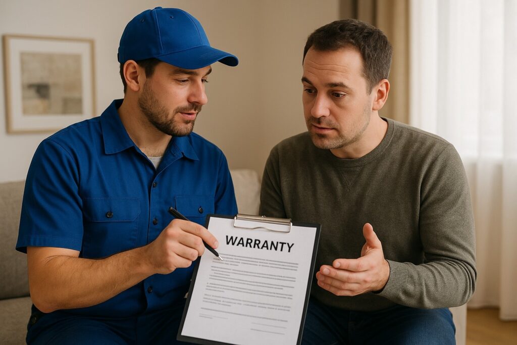 Garage door repair technician reviewing warranty details with a homeowner after service.