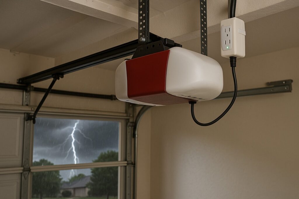 Garage door repair showing a ceiling mounted garage door opener with surge protection during a storm.